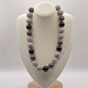 Elegant Taupe Marble Beaded Necklace with Silver Accents
